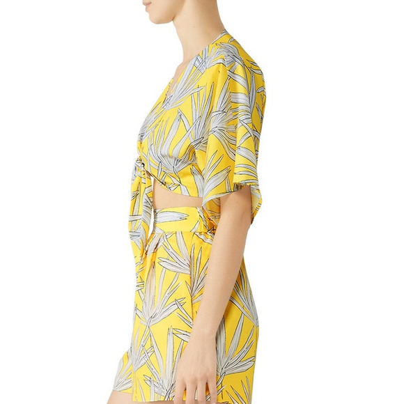 Hutch Women's Yellow Leaf Print Tie-Front Crop Blouse Short Sleeve Tropical XS - Picture 9 of 10